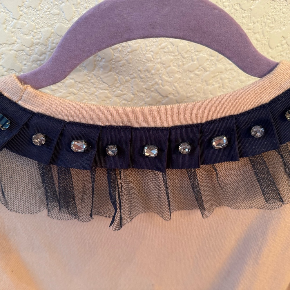Short sleeve sweater top, pink/navy blue ruffle, rhinestones, size small - Picture 4 of 7